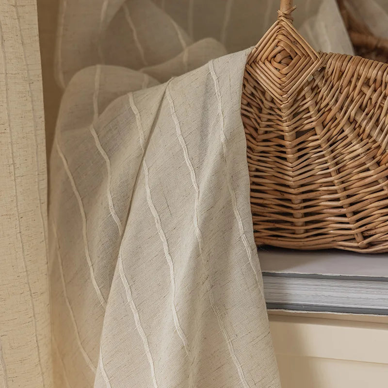 rideau moderne minimaliste lin semi transparent beige clair rayures fines w200 h260cm eyeletsextérieur