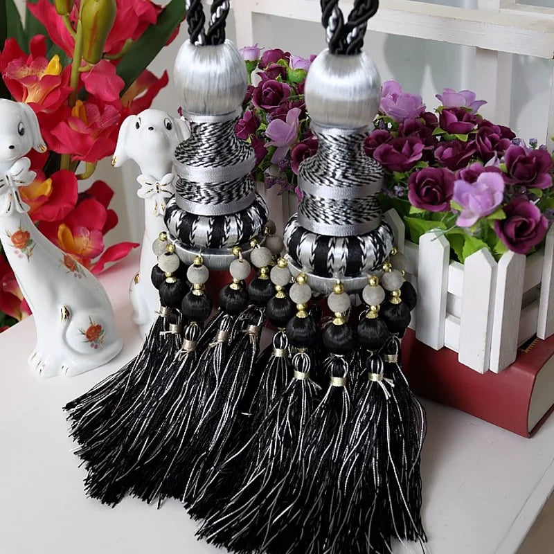 pompons rideau élégants franges couleurs bleu noir doré rayures polyester decoration maison
