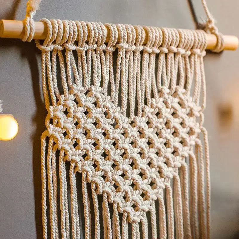 tapisserie murale macramé cœur géométrique bohème tige bois franges chambre maison