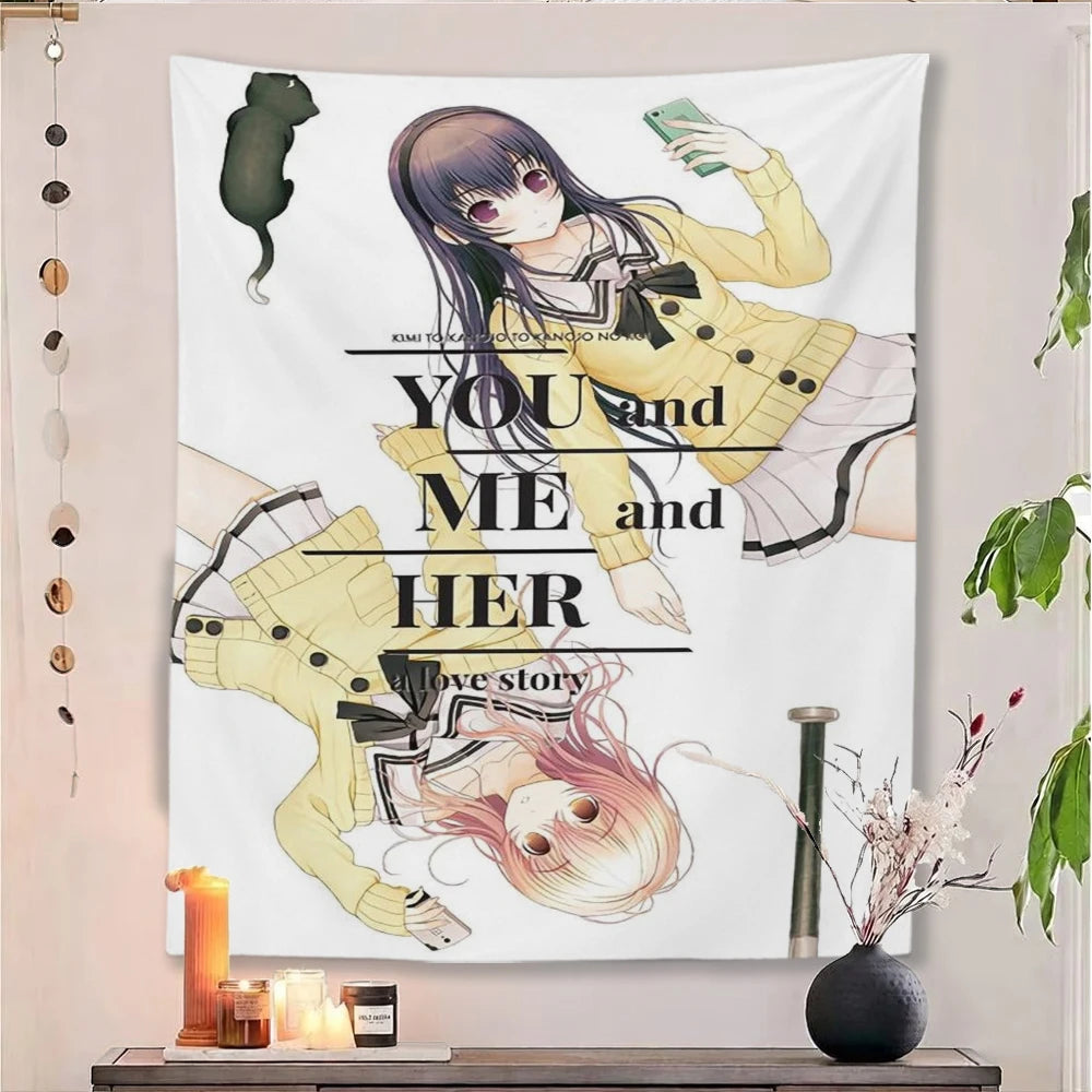tapisserie anime illustration fille YOU ME HER couleurs noir blanc rose chambre adolescente