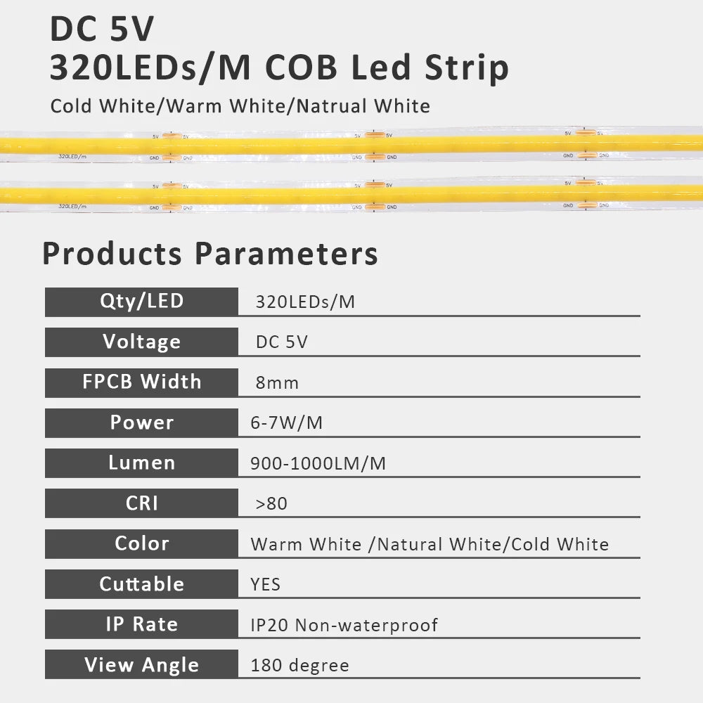 ruban led cob 320 leds blanc chaud froid 5v moderne chambre décorationintérieur