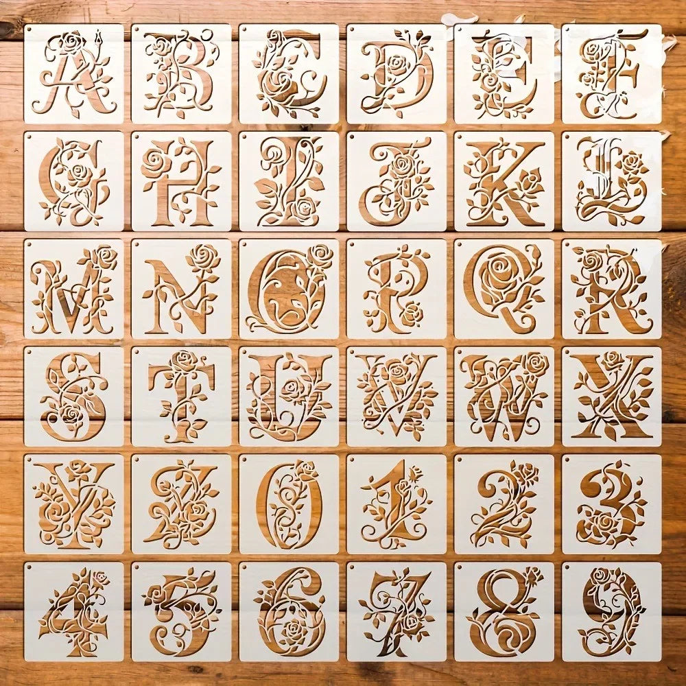 pochoirs lettres chiffres motifs floraux ornementaux décoration murale peinture flexible vintage blanc bois
