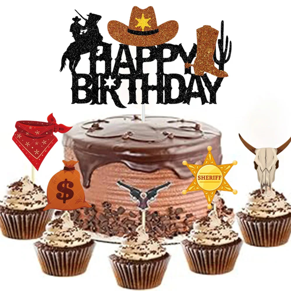 décoration gâteau anniversaire cowboy chapeau étoile botte cactus pistolet argent foulard crâne shérif glitter
