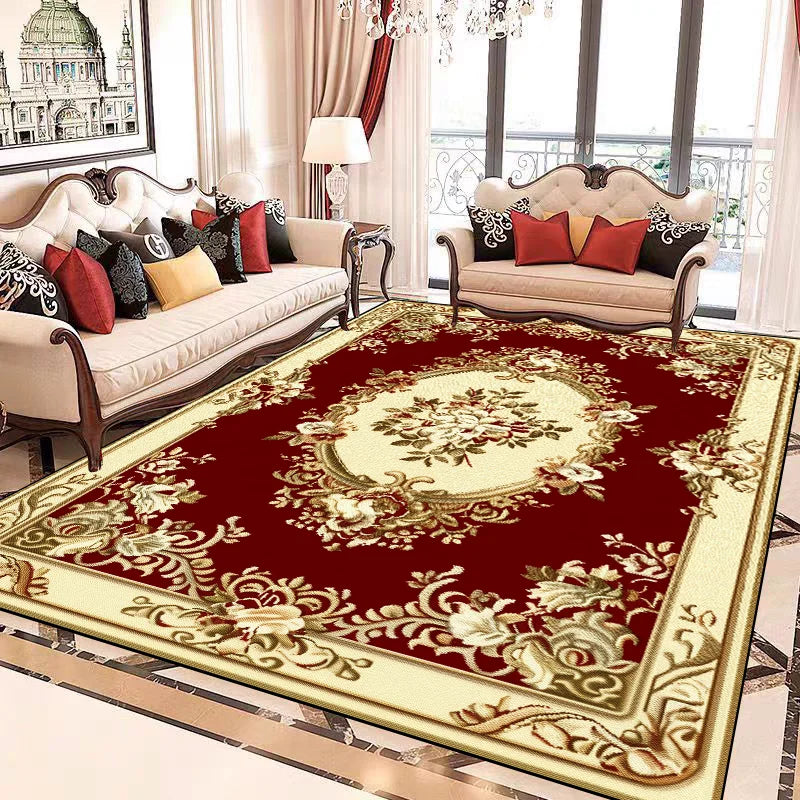 Intérieur élégant avec un mobilier de style classique et un tapis décoratif en rouge et beige orné de motifs floraux.