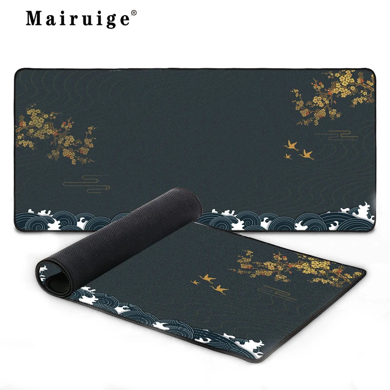 tapis souris noir or blanc japonais motifs fleurs oiseaux texture fine 60cmx30cm 70cmx40cm