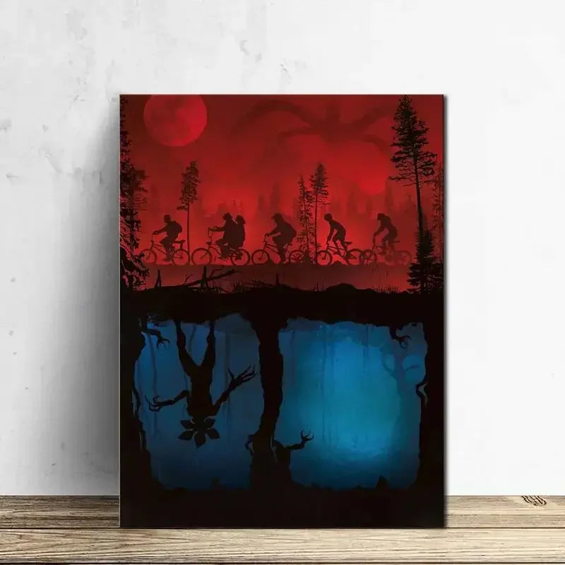 tableau paysage nocturne cyclistes pleine lune moderne minimaliste toile sans cadre vertical