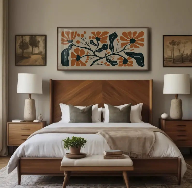 tableau impression toile fleur stylisée moderne beige orange vert opaque sans cadre chambre salon