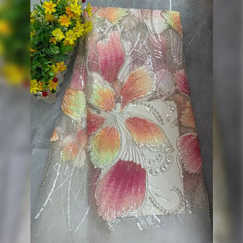 tissu brodé fleurs gris rose vert violet blanc tissu polyester opacité
