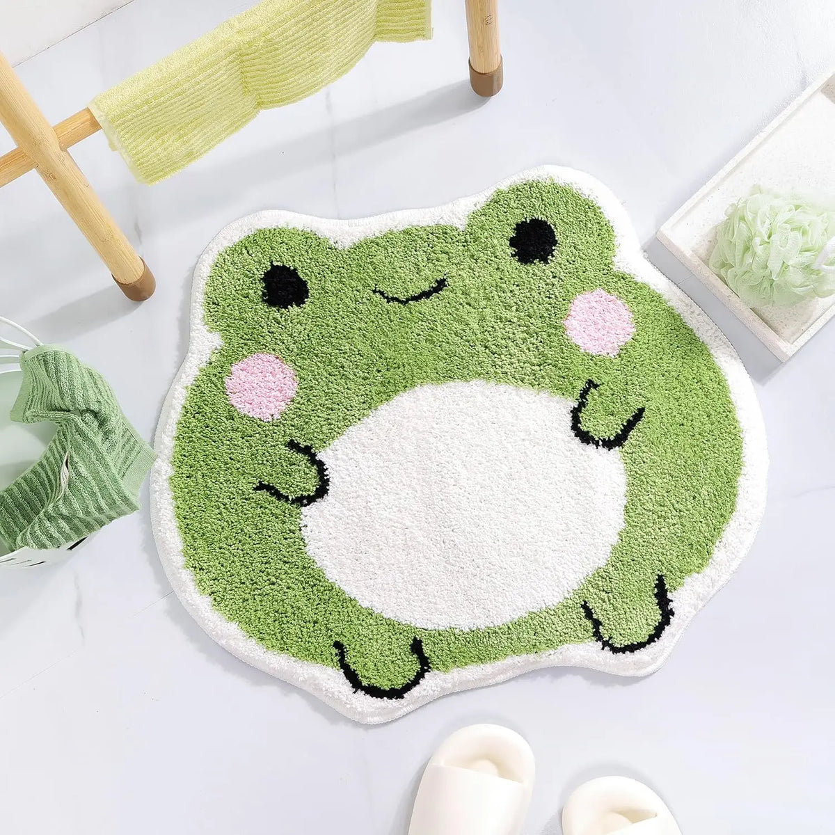 tapis bain antidérapant polyester grenouille mignonne vert rose salle bain décorative shaggy lavable machine