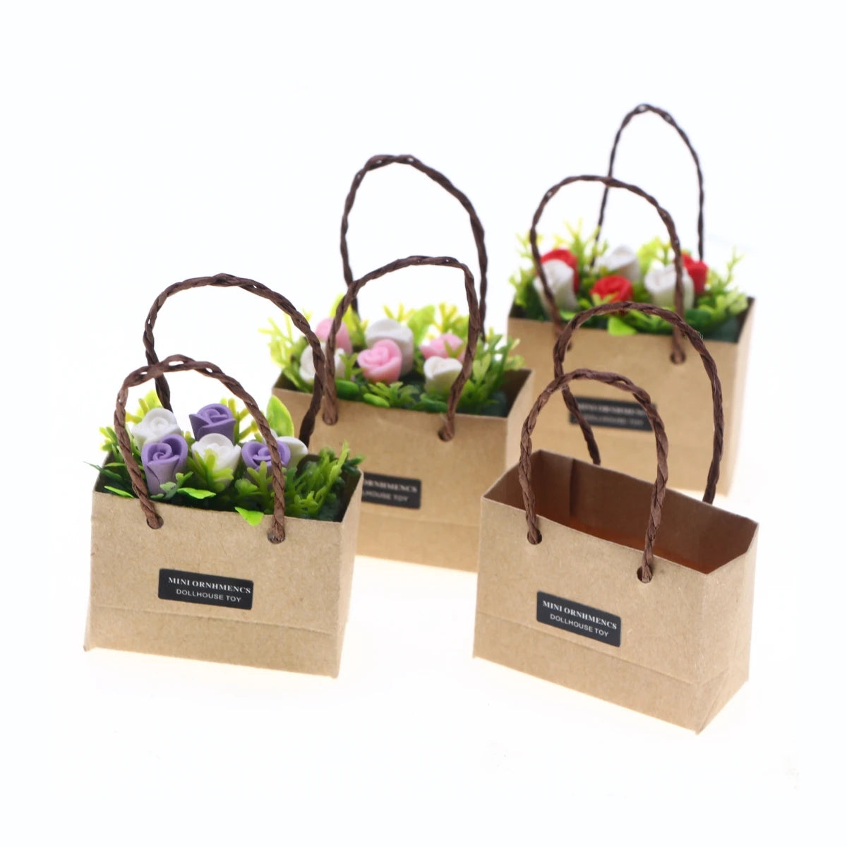 sac main miniature papier kraft poignées corde plantes artificielles fleurs blanches roses violettes vintage