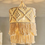 lampe suspendue macramé boho franges coton main beige clair décorative artisanale