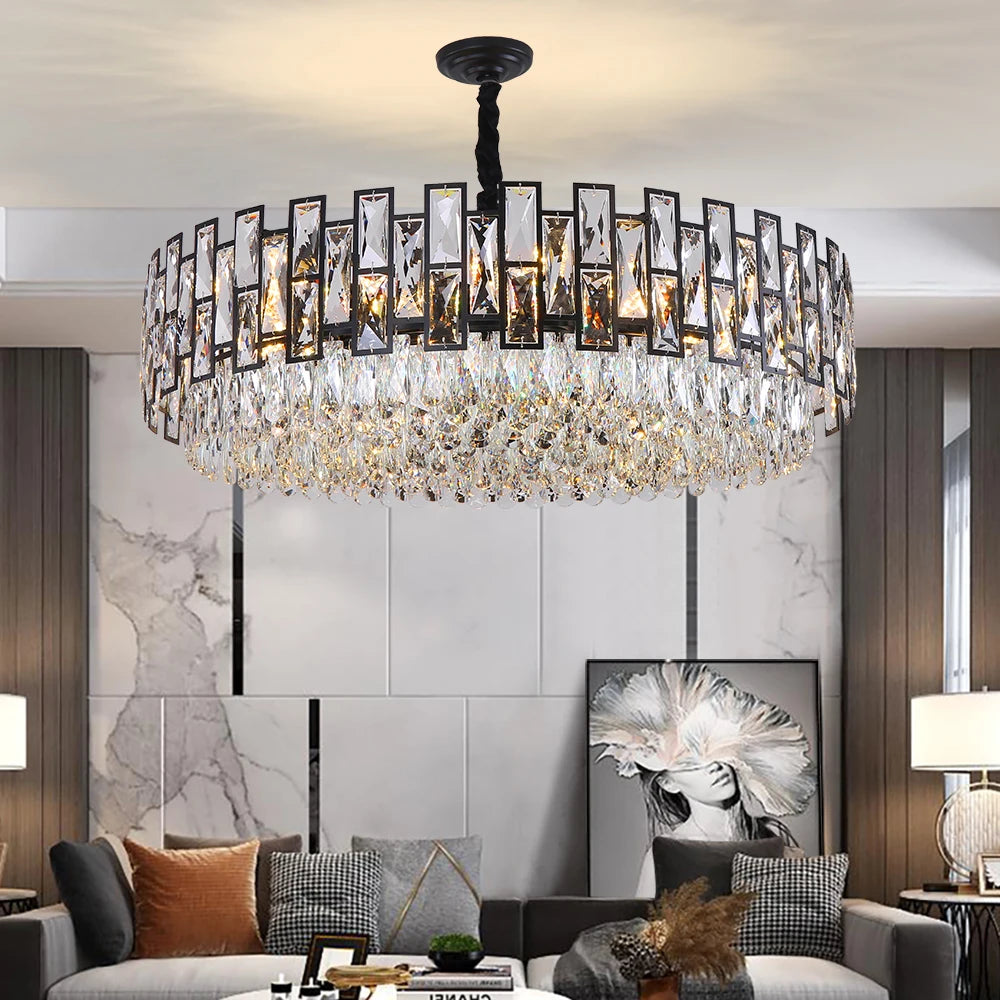 lustre moderne noir cristal suspendu élégant chambre salon transparent rectangles métal