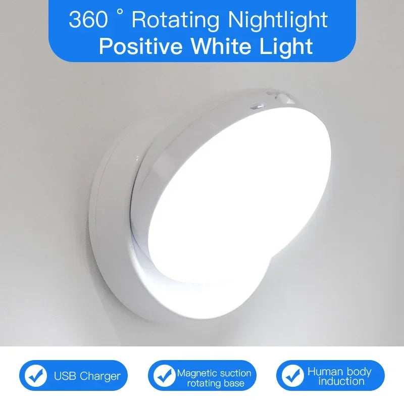 veilleuse nuit lampe led rechargeable aimant magnétique rotation 360 blanc moderne sensor motion detection