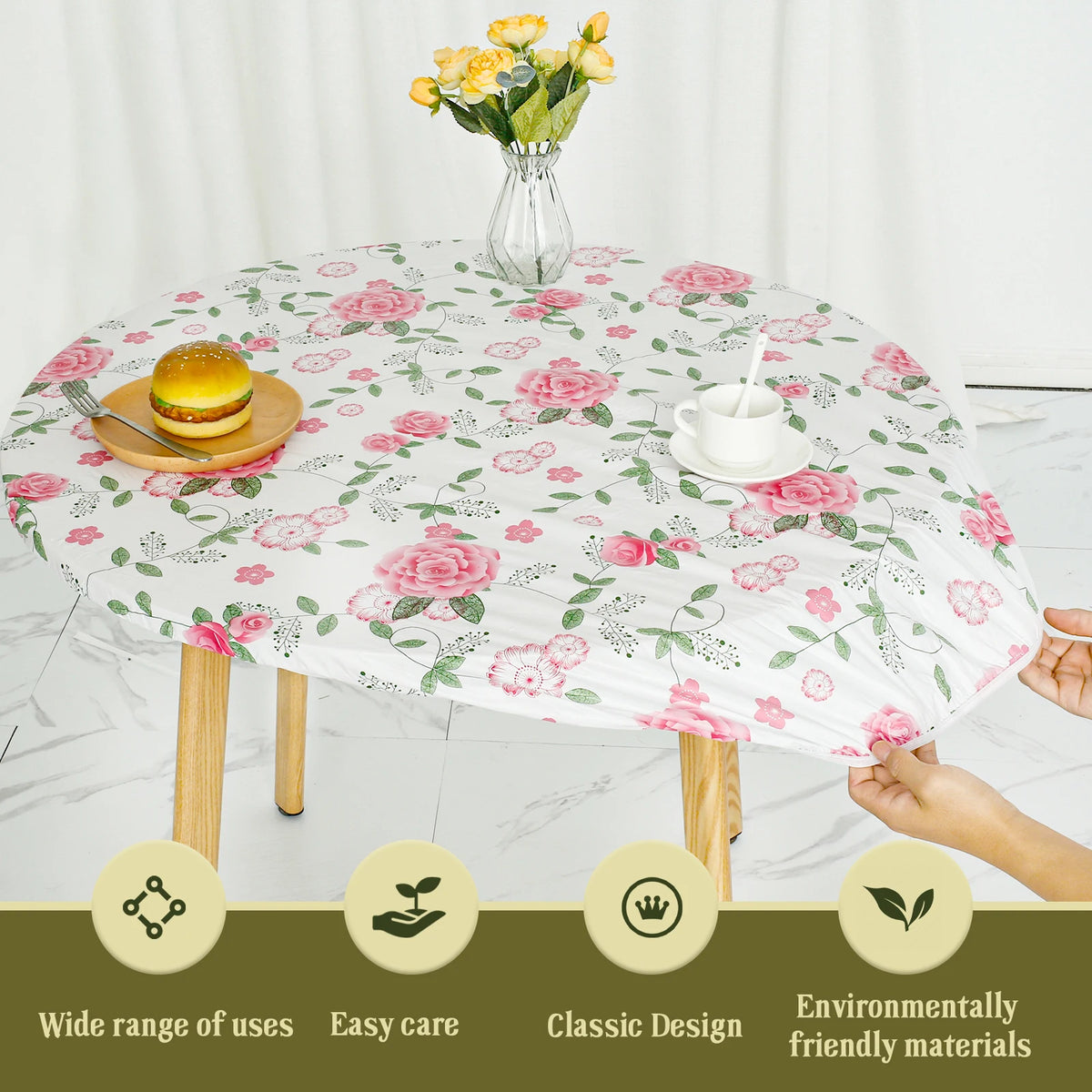 nappe ronde vinyle imperméable motif floral classique noël table decoration vert blanc rose