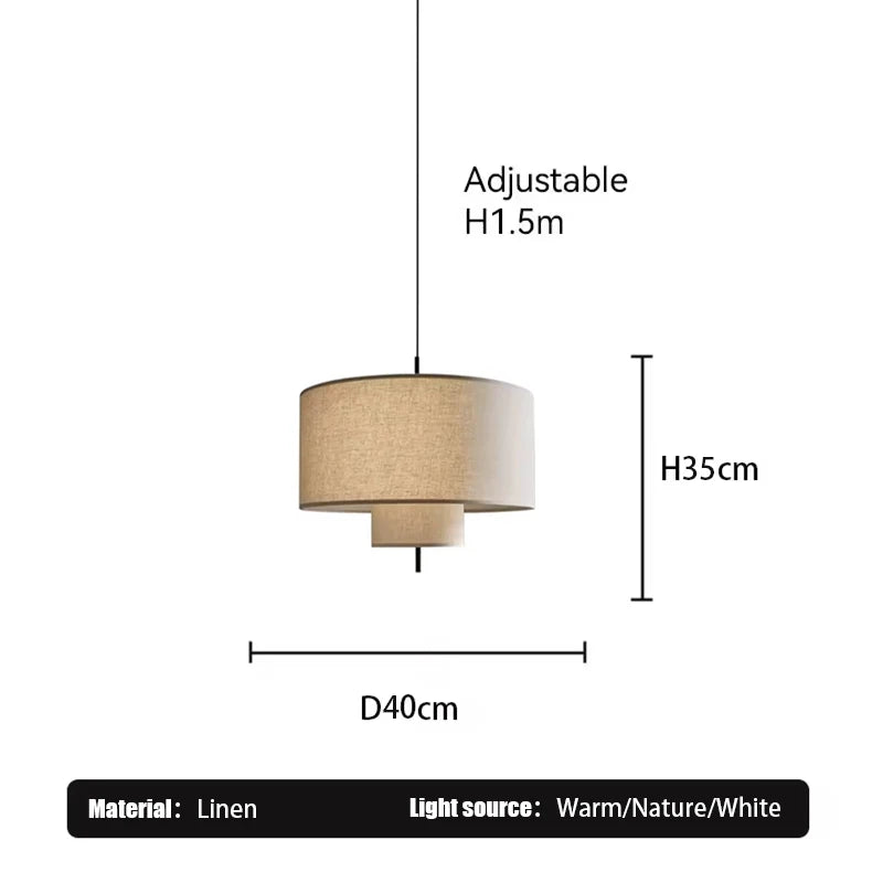 lampe suspendue moderne abat jour tissu texture lin trois tailles différentes lumière chaude blanc