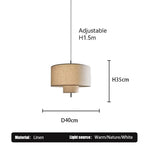 lampe suspendue moderne abat jour tissu texture lin trois tailles différentes lumière chaude blanc