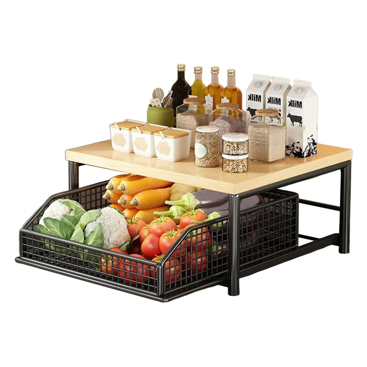étagère rangement bois métal noir blanc moderne kitchen utilitaire multifonction solide pieds plateau paniers