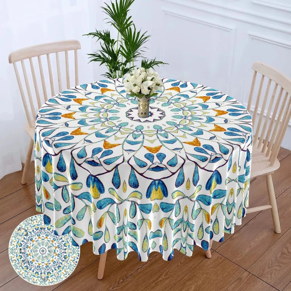 nappe ronde imperméable polyester fleurs motifs géométriques blanc rose verte bleue festive noël usage