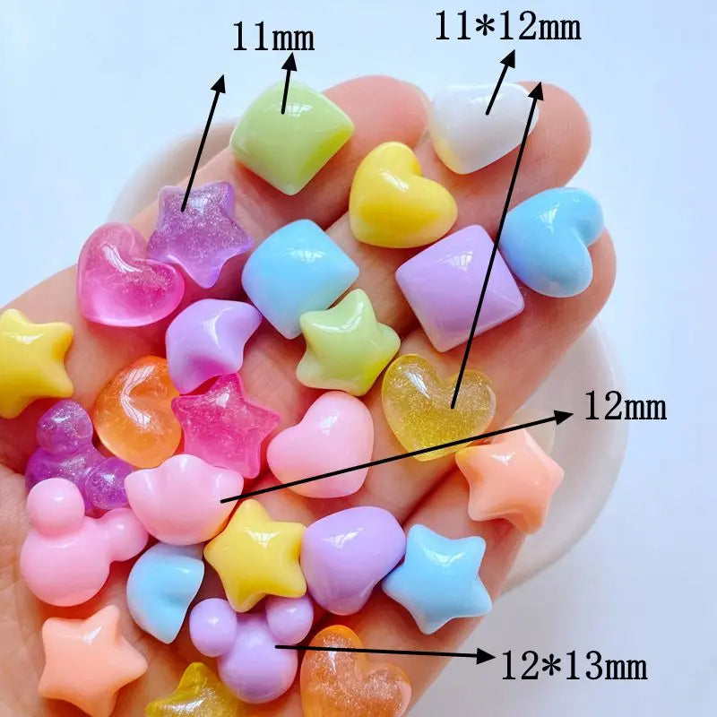 decoratives resine forme coeur etoile fleur couleurs vert jaune rose blanc bleu violet 11mm