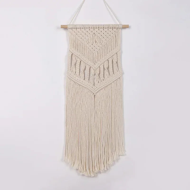 tapisserie macramé boho chic beige motifs géométriques franges moderne suspension maison