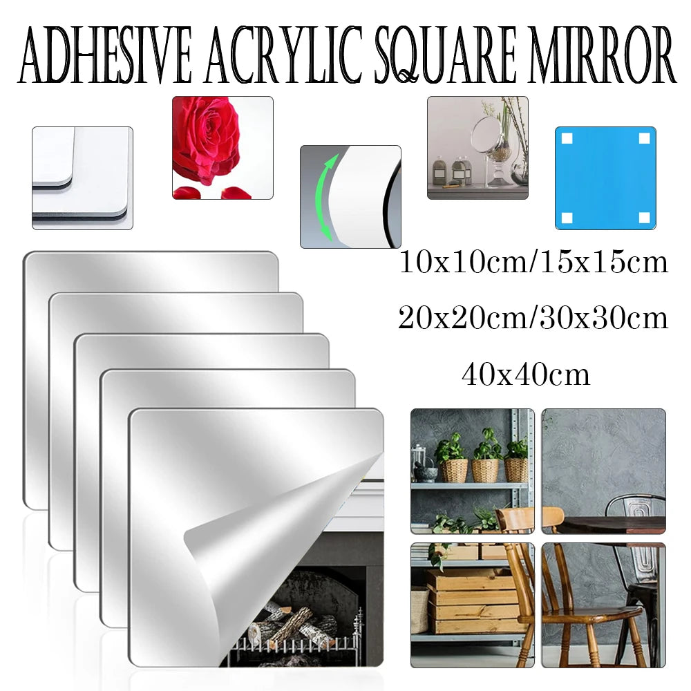 miroirs acrylique carrés transparents moderne adhésifs papier protecteur 10x10cm 15x15cm 20x20cm 30x30cm 40x40cm