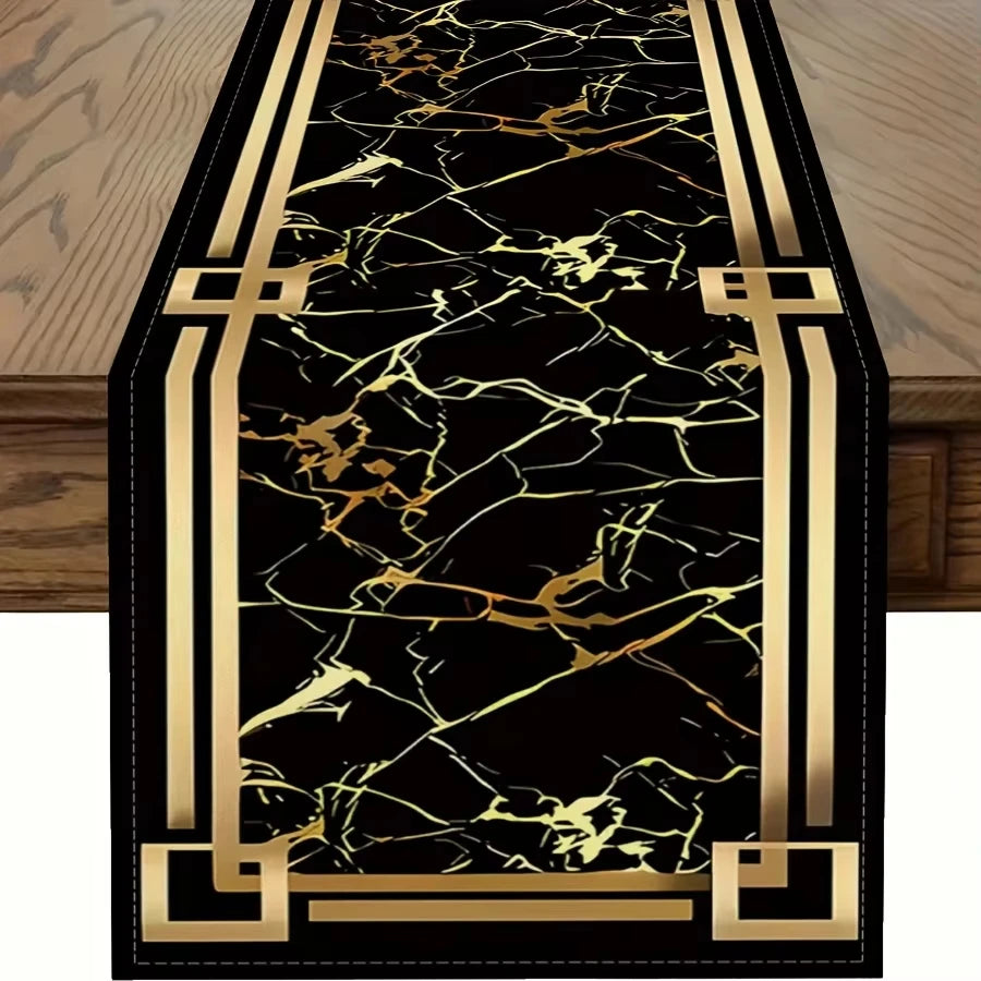 table chevet moderne chemin table marbre doré noir géométrique intérieur assiettes verres bougies vases