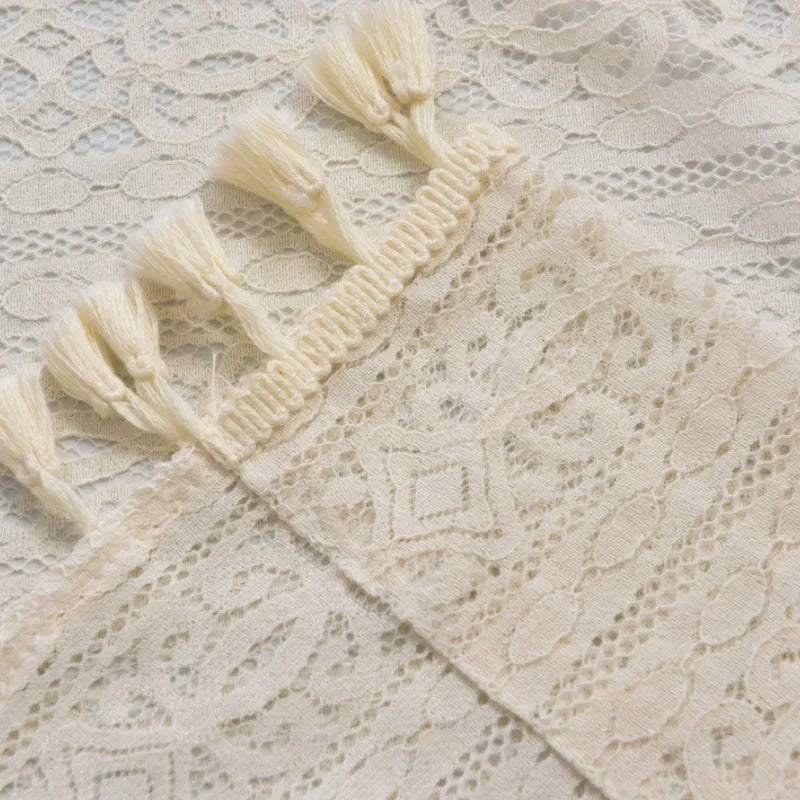 rideau cuisine beige dentelle géométrique vintage bohème opacité crochets franges
