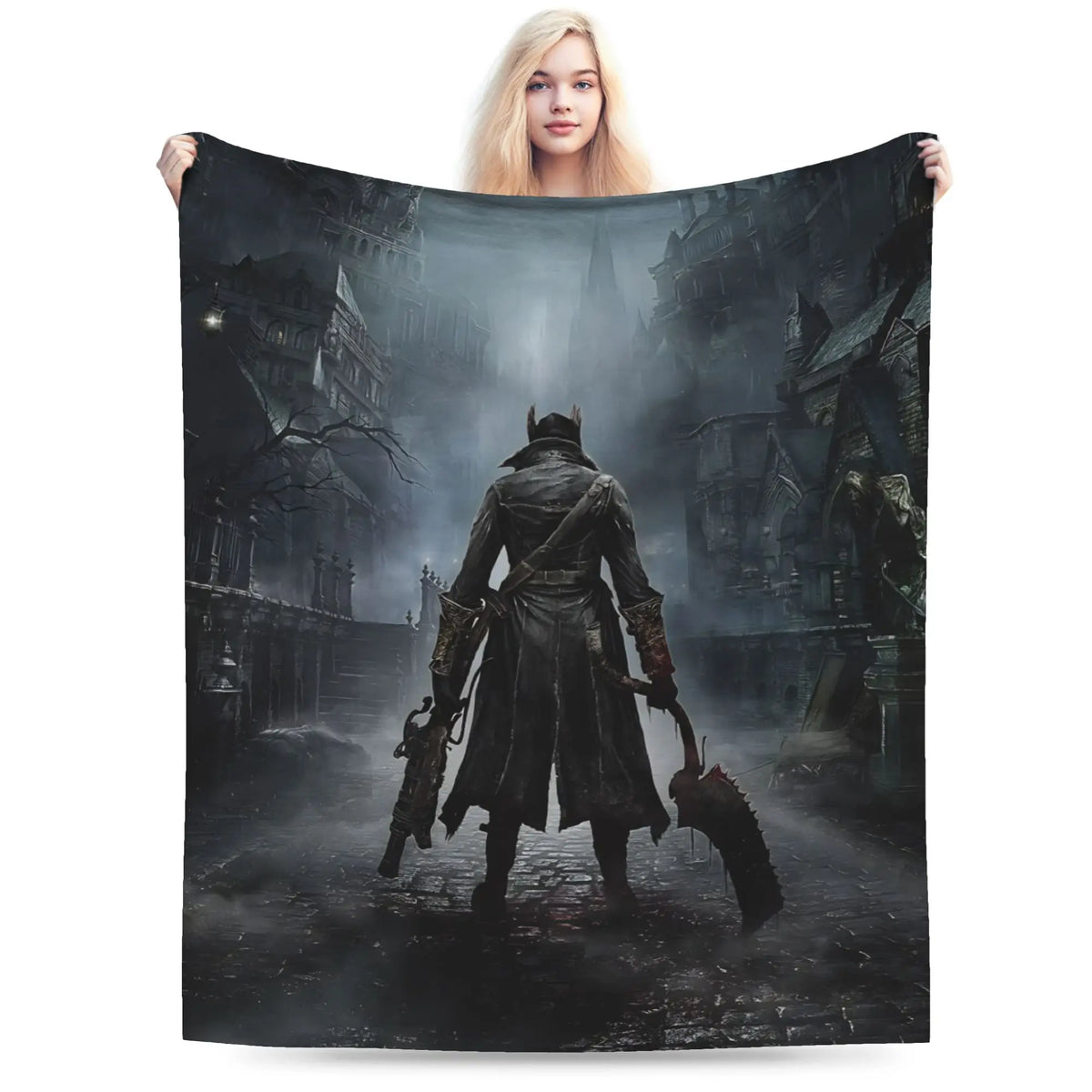 couverture polaire douce motif gothique sombre personnage ville noire gris blanc maison voyage