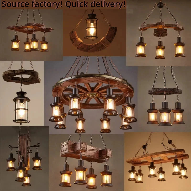 suspension lumineuse bois rustique verre translucide vintage industriel chaînes métalliques ampoules filament
