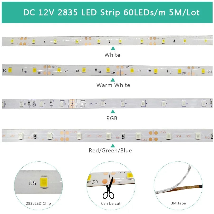 ruban led 5m smd 2835 blanc rgb étanche adhésif moderne ip65