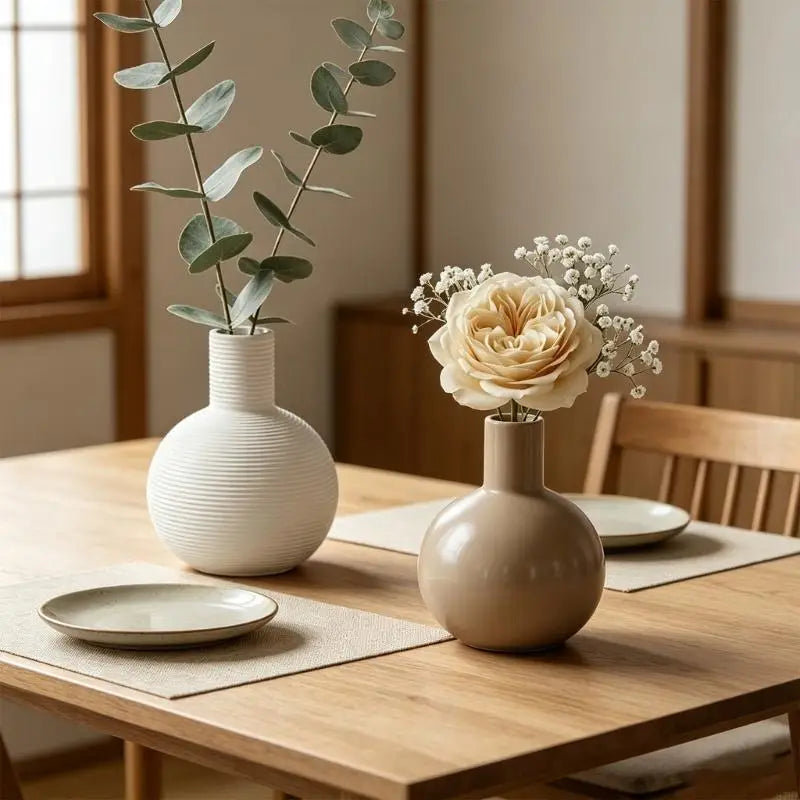 vases décoratifs blanc cassé vases texturés horizontaux vases lisses modernes fleurs eucalyptus roses tulipes