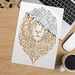 pochoir stencil lion stylisé motifs floraux blanc brun artisanal adhésif peinture bois décoration intérieure