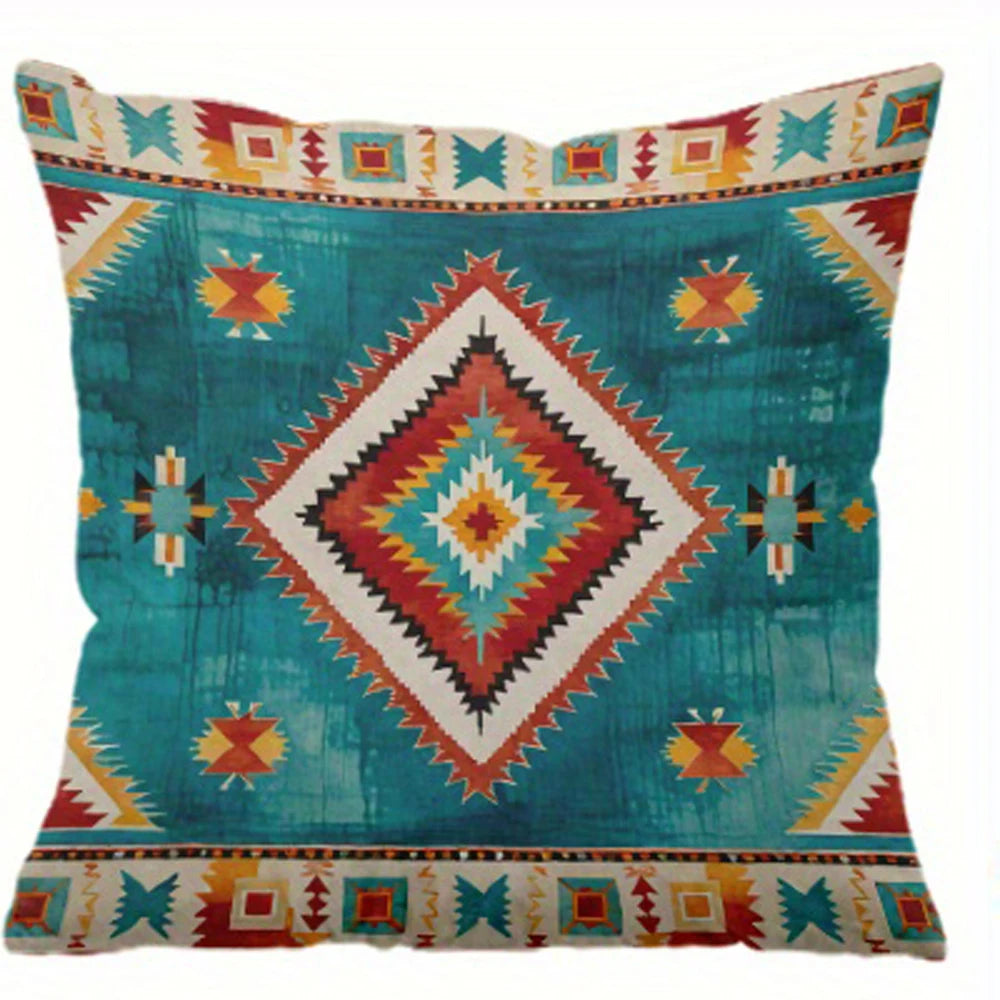 housse coussin motif aztèque ethnique beige bleu rouge noir marron polyester carré 45x45cm