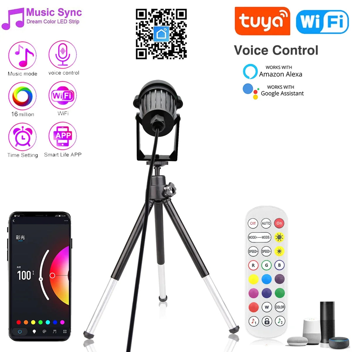 lampe led smart alexa google noir moderne trepied application usb