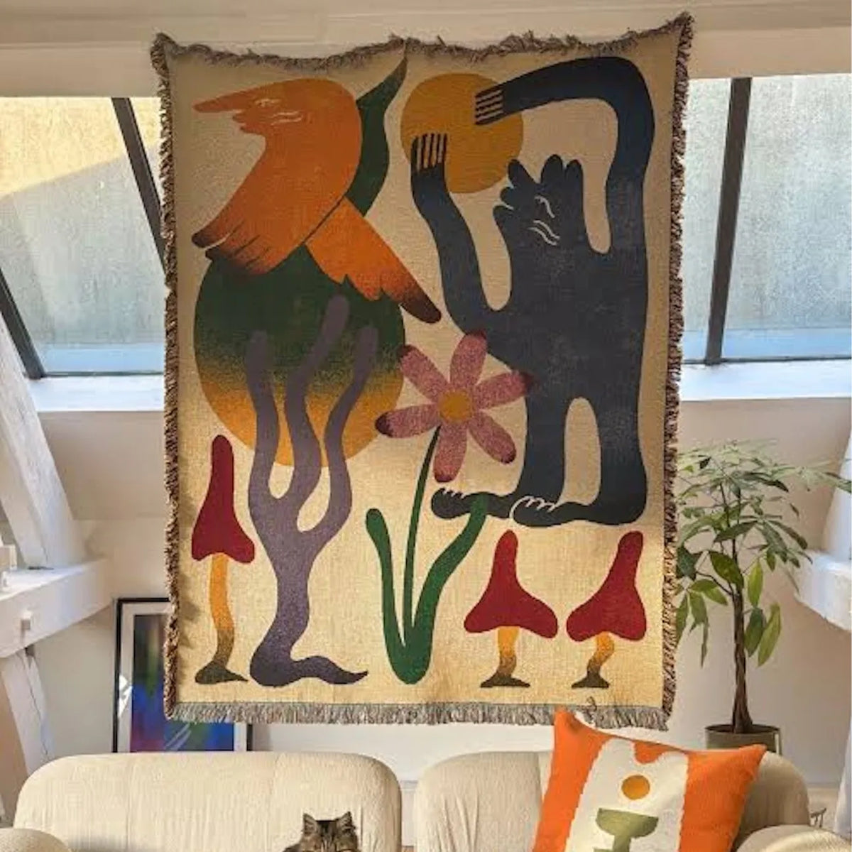 tapis multicolore abstrait art contemporain figures humaines fleurs coton polyester