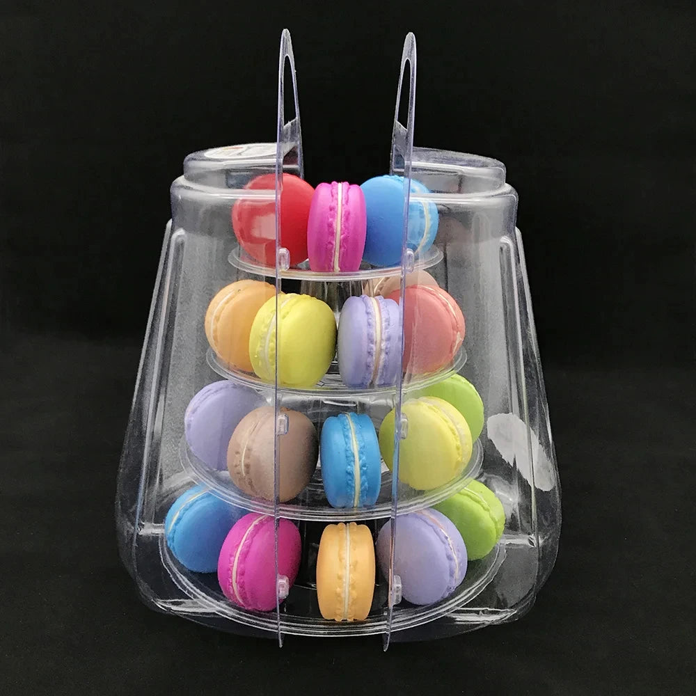 présentoir macarons plastique transparent moderne élégants socle trois niveaux cloche anse