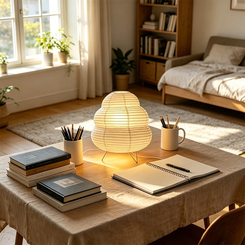 lampe table led moderne blanc papier plissé interrupteur bouton éclairage chambre salon étude