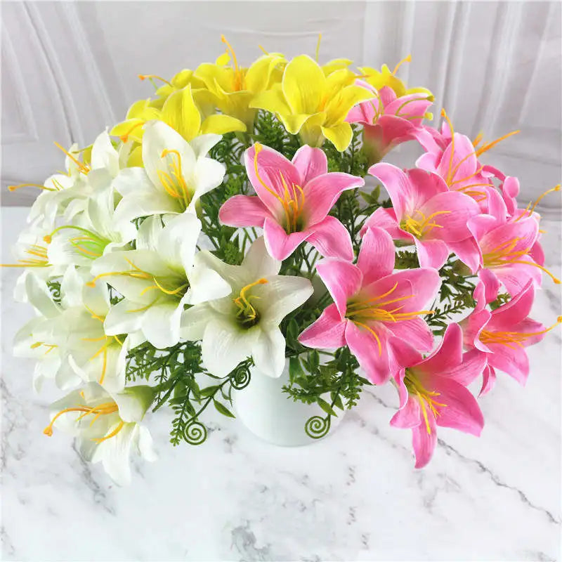 décoration intérieure moderne bouquet fleurs artificielles lys mix couleur blanc jaune rose decoration mariage