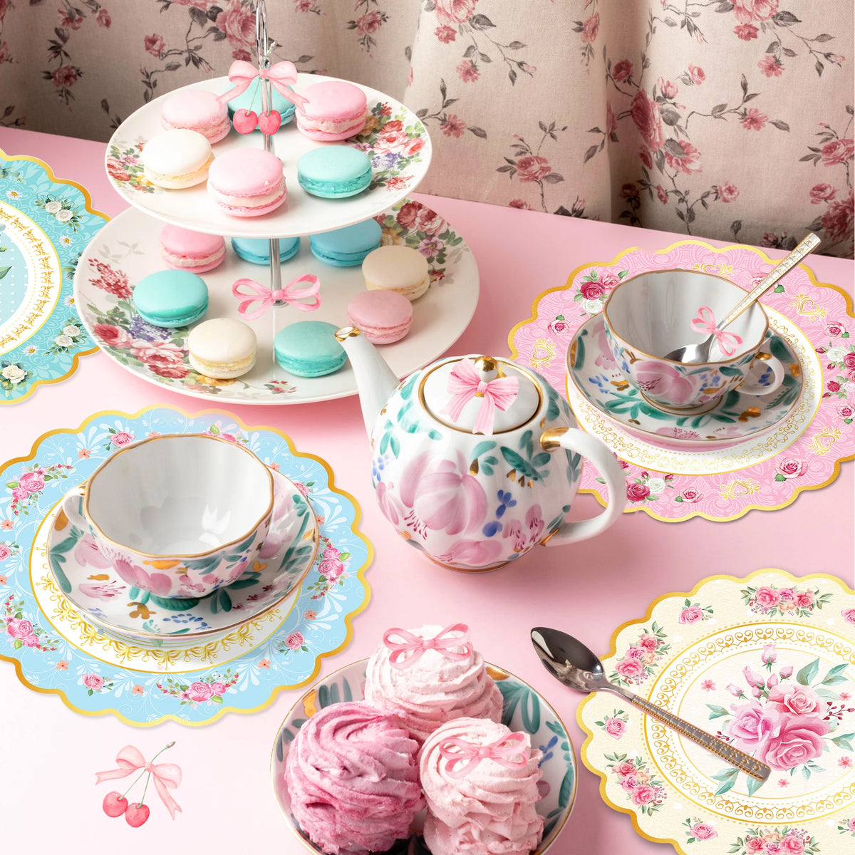 assiettes papier violet bleu rose jaune fleurs vintage romantique respectueux environnement ensemble fete the
