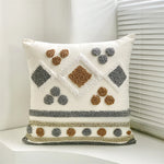coussin brodé polyester moderne bohème motif géométrique blanc beige bleu gris marron 45x45cm
