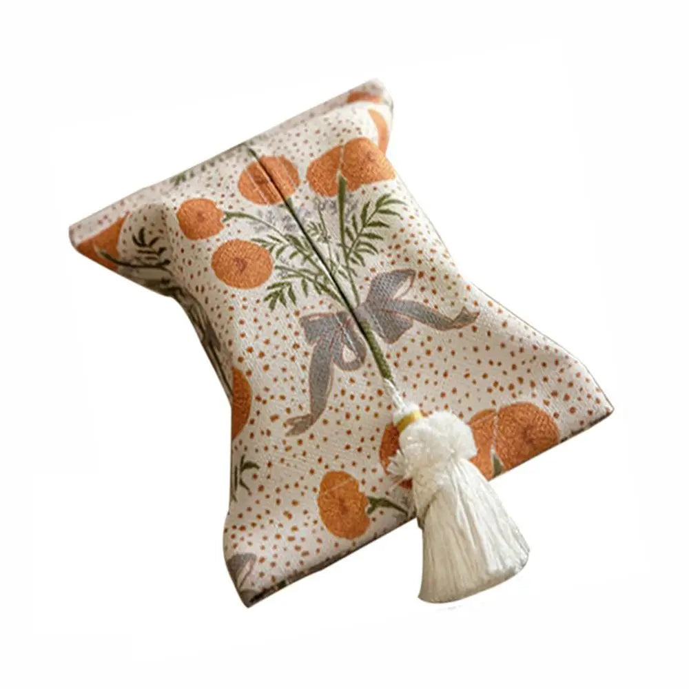 Sac mouchoirs vintage floral orange blanc bleu tassel boho chic decoration reusable