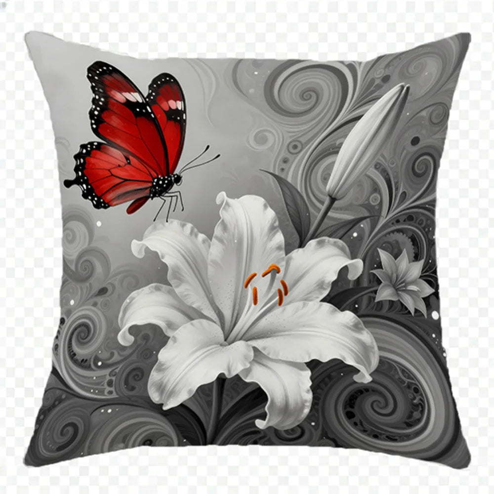 taies d'oreiller imprimées papillons fleurs rouge gris lit maison hospitalière polyester peachskin decoration chambre