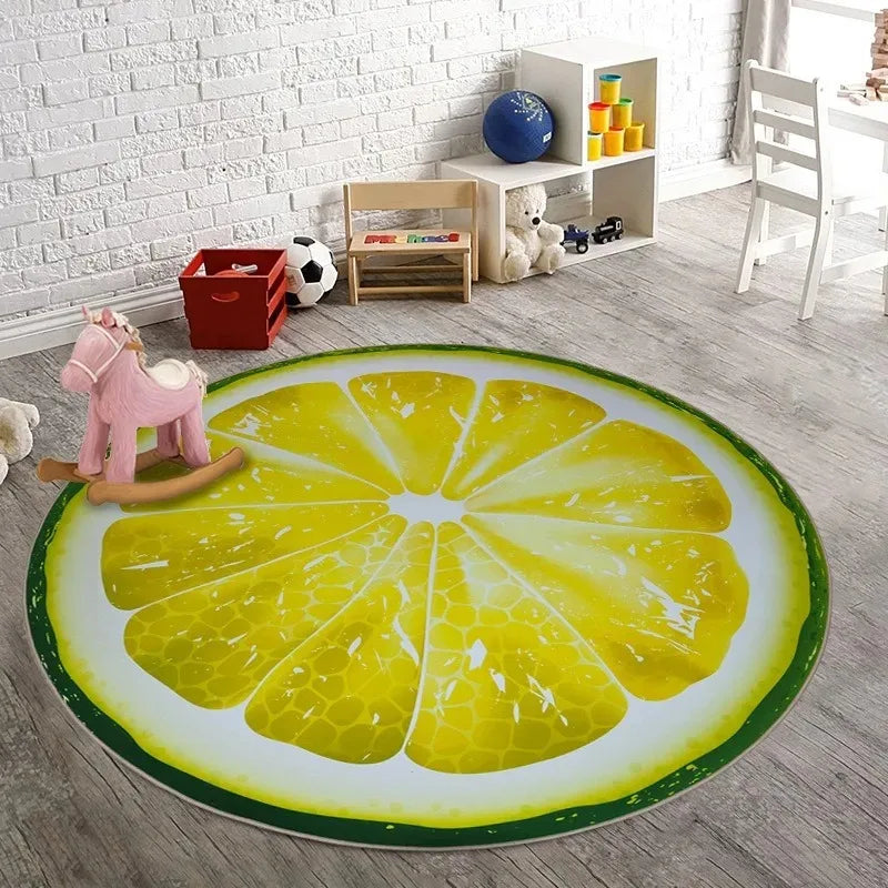 tapis rond fruits coloré moderne salon chambre enfants sol décor éco rouges verts oranges