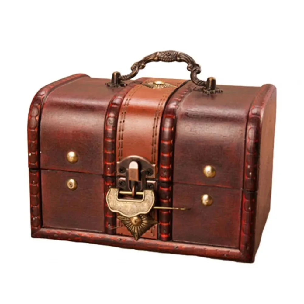 coffre bijoux vintage coffre bois rétro marron foncé ornements dorés serrure clé poignée