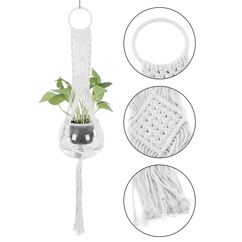 Support plante suspendue macramé blanc artisanal pot transparent