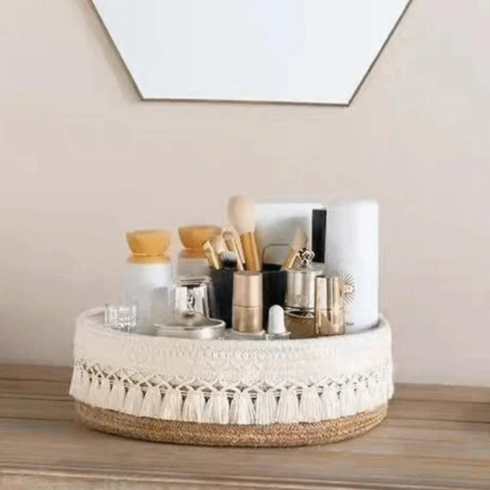 panier tissé boho chic beige noir franges rangement cosmétiques réutilisable multifonction opacité