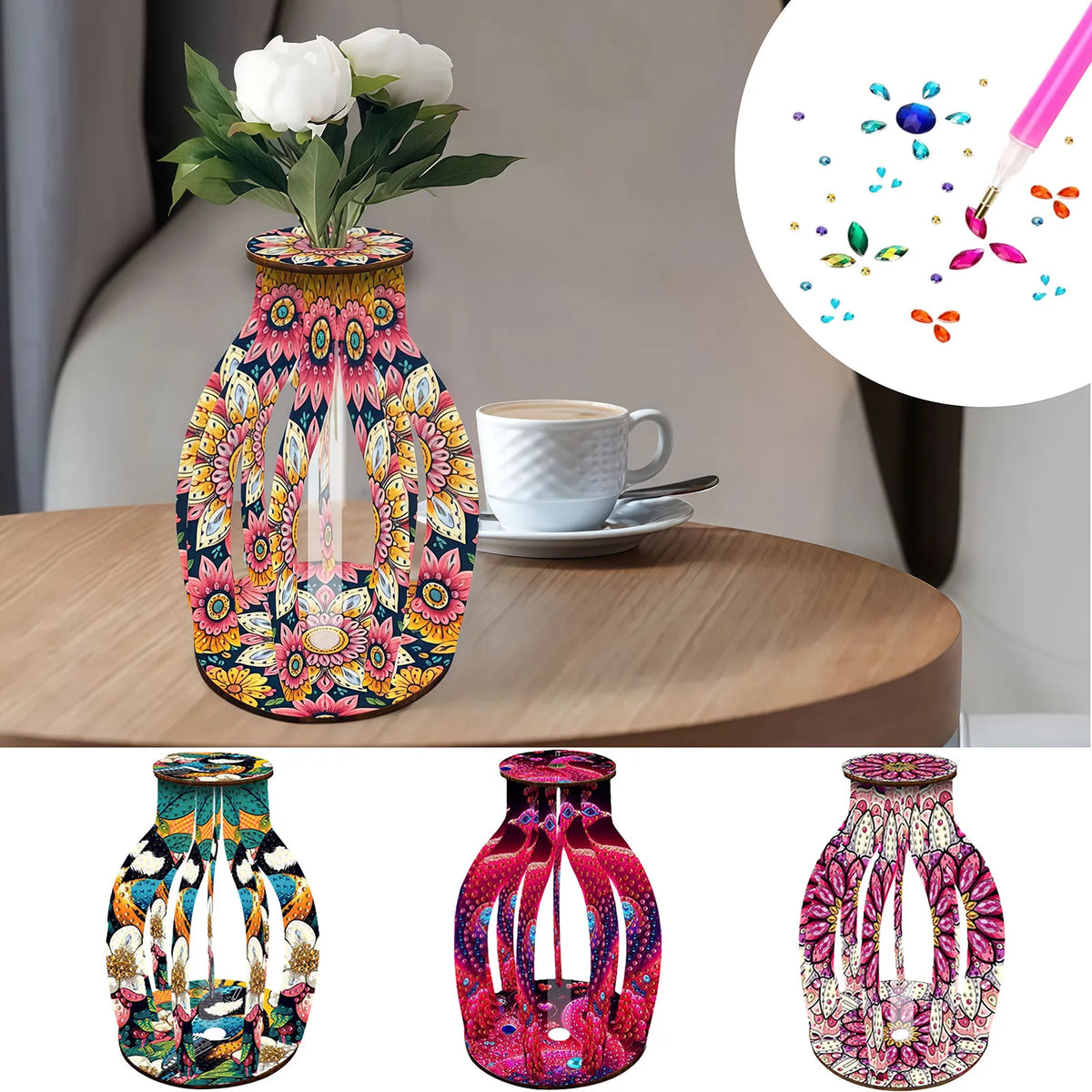 vase bois multicolore floral decoratif pince cheveux pinceau collage boite plastique éléments moderneintérieur