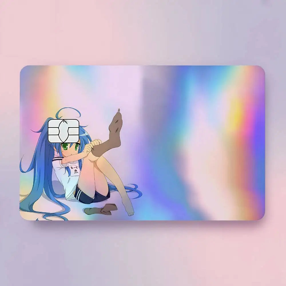 carte crédit personnalisée adhésive personnages animés holographique noir bleu vert arc ciel moderne illustratif