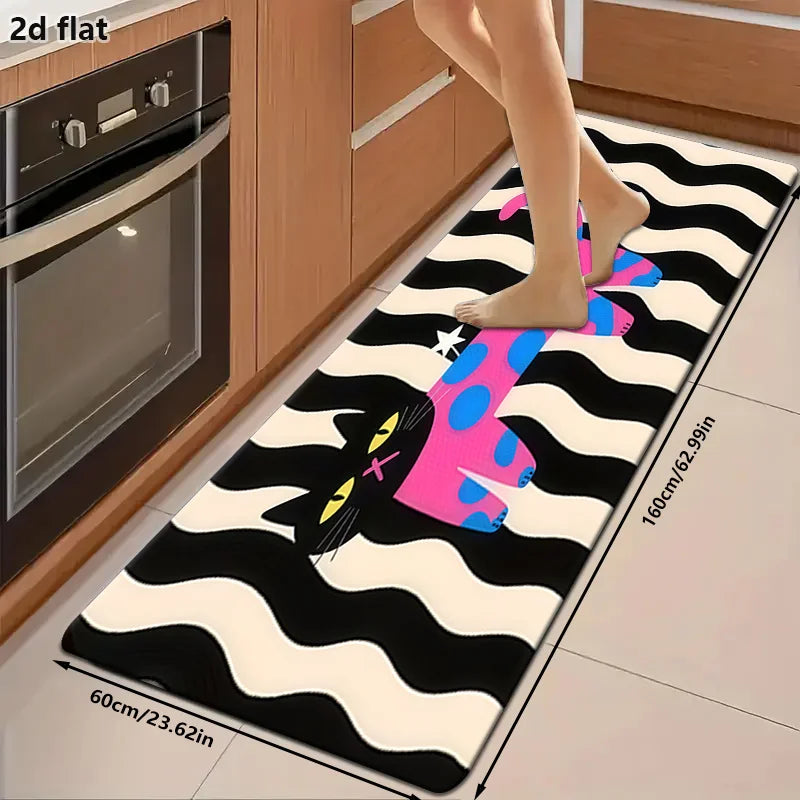 tapis moderne graphique chat dessin animé noir blanc rose bleu gris antidérapant polyester feutre