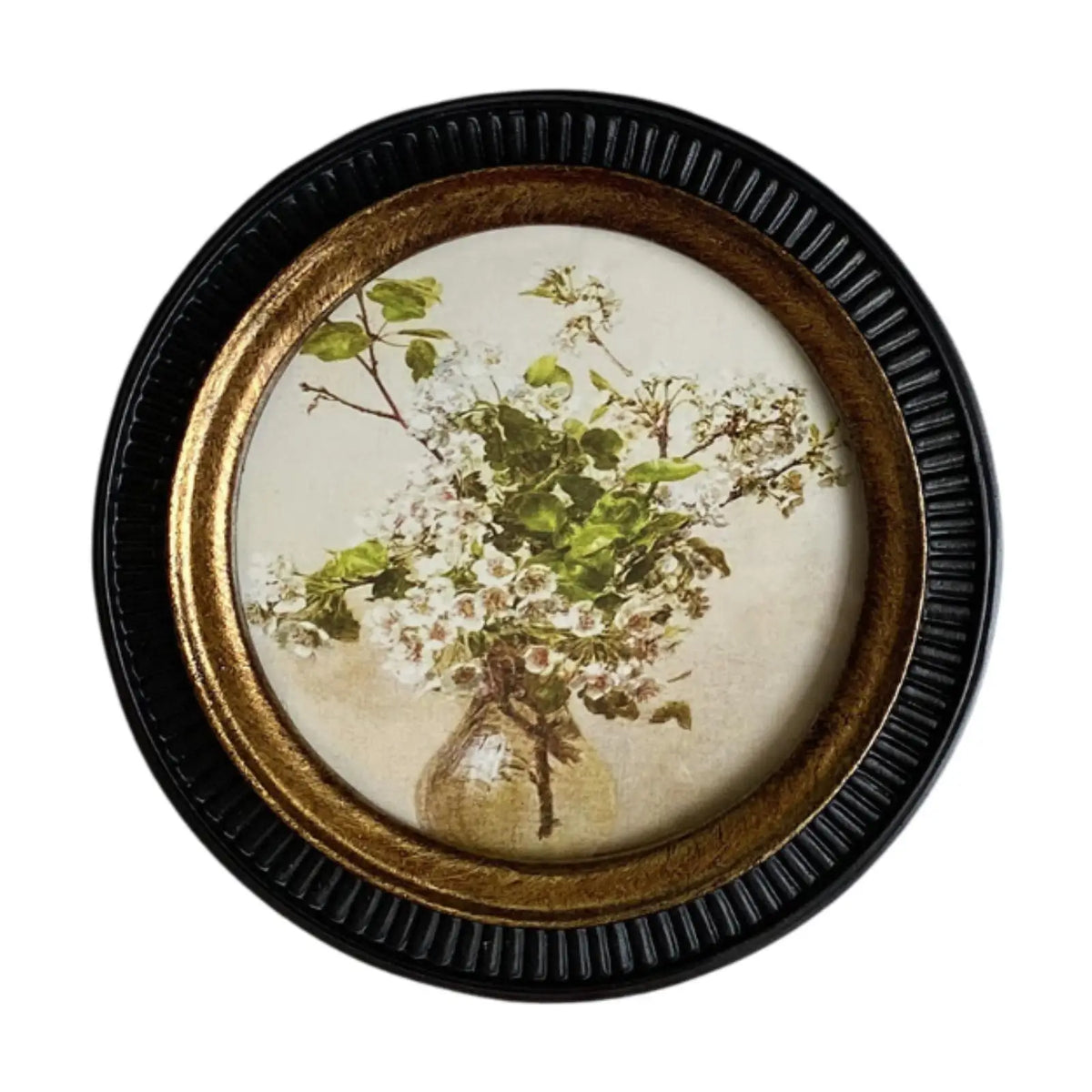 cadre photo rond rétro texturé noir or bouquet fleurs vintage decoration maison floral beige